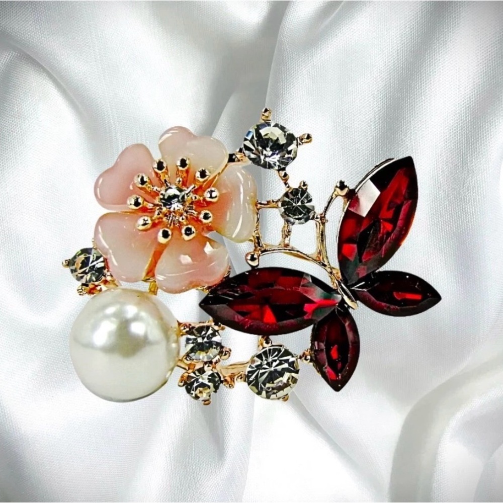 Red Crystal Butterfly Flower Pin Brooch with White Pearl and Crystals - NEW